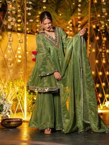 Conjunto de Kurti, Pantalón y Dupatta Bordados para Mujer, Mezcla de Seda Verde Mar, Ropa Étnica, Traje Festivo para Damas - Product Image 3