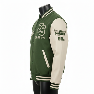 Chaqueta Universitaria de Lana para Hombre de 350 GSM con Mangas de Cuero PU, Bordado, Parches, Cuerpo Verde, Estilo Deportivo Beige - Product Image 5