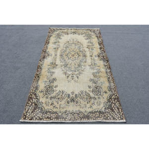 Alfombra de lana turca vintage 3,7 pies X 6,6 pies Beige marrón clásico área grande diseño de retazos rectangulares para pasillo respaldado con látex - Product Image 1