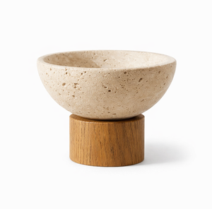 Best sell Handcrafted Fluted Travertine <b>Marble</b> Decorative Bowl with Solid Wooden Base for Luxury Center <b>Table</b> <b>Console</b> Home Decor - Product Image 5