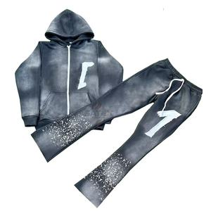 Survêtements deux pièces délavés à l'acide avec fermeture éclair, 500 GSM, capuche, strass, mode décontractée, effet délavé soleil, unisexe, OEM - Product Image 1