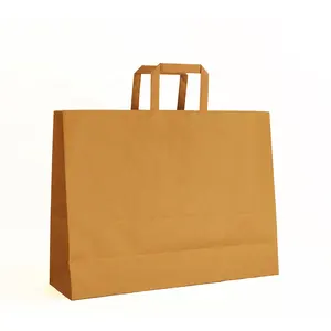 Customized Biodegradable Brown Packaging Flat Handle Kraft Paper Gift Shopping Bags With Your Own Logo