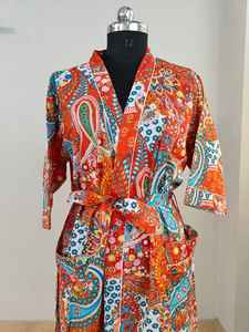 Robe kimono d'été pour femme, 100% coton, col en V, manches courtes, longueur totale, imprimé floral indien, lavable en machine, décontractée, classique - Product Image 4