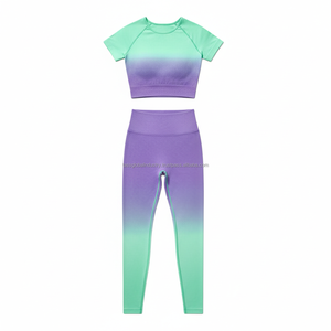 ชุดโยคะผู้หญิงแบบ OEM สั่งทำได้ เสื้อครอปแขนสั้นไร้ตะเข็บ กางเกงเลกกิ้งเอวสูง ชุดออกกำลังกาย 5 ชิ้น สำหรับฟิตเนสและกิจกรรมกีฬา - Product Image 2