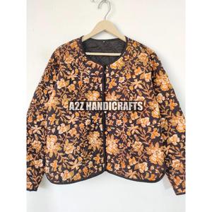 Veste matelassée imprimée à la main indienne Kimono court nouveau Style manteau en coton pour femmes tissé rayé respirant idée cadeau de noël - Product Image 3