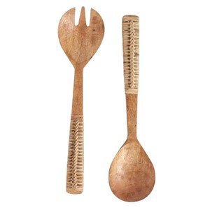 Ensemble de serveurs à salade en bois de manguier tressé sculpté à la main cuillère de service fourchette ustensiles naturel durable accessoires de cuisine salle à manger - Product Image 1