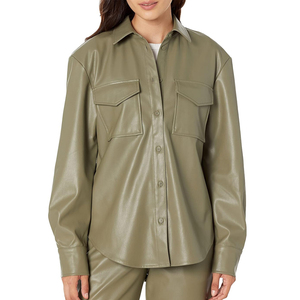 Chemise-veste en simili cuir pour femmes, boutonnée, légère, en PU, haut à manches longues, chemisier, manteau, tendance, décontractée, chemise en cuir pour femmes - Product Image 1