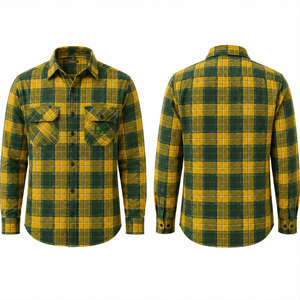 เสื้อเชิ้ตทำงานแขนยาวลายสก็อตสีเขียวเหลืองสำหรับผู้ชาย ผ้าฝ้ายระบายอากาศได้ดี พิมพ์ลายโลโก้ด้านหน้า - Product Image 1