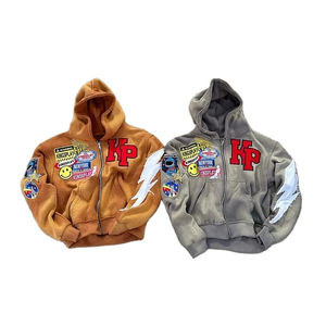 Sweat à capuche sans piqûre 100% coton délavé à l'acide avec poche kangourou pour hommes Nouveau design à la mode Badges de broderie à fermeture éclair personnalisés pour - Product Image 1