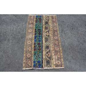 Tapis Turc Vintage 2.3x3.9ft Bleu Beige Plat Tissage Laine Patchwork Design pour Salon ou Couloir Décorations - Product Image 1