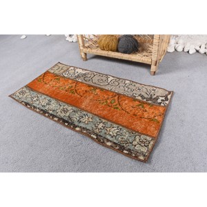 Tapis turc vintage 1,3x2,5 pieds, fait à la main en laine beige orange, style boho, motif patchwork rectangulaire pour tapis de chevet en latex - Product Image 3