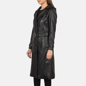 Fixon Casual Black Trench <b>Coat</b> Hood Waterproof PU Leather Double Breasted Closure Long Length Denim Knitted Fabric Cotton Filled - Product Image 4