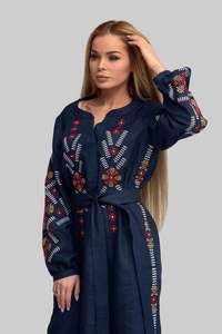 Ukraine Embroidered Flower A-Line <b>Dress</b> <b>for</b> <b>Women</b> Casual Long Sleeved Feather Stitching Neck Natural Elegant Long <b>Dress</b> - Product Image 5