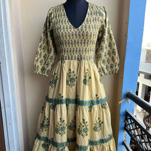 Hand Block Printed Indian Cotton <b>Dress</b> 100% Floral Embroidered <b>Tunics</b> Casual Style Maxi Length Gown - Product Image 1