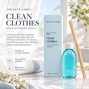 Private Label Clean Clothes <b>Reed</b> <b>Diffuser</b> Refill 200ml + Sticks | Fresh Clean Home Fragrance | OEM Manufacturer Spain - Product Image 2