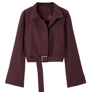 Femmes marron foncé recadrée veste décontractée manches longues ceinturé Design élégant confortable vêtements d'extérieur à carreaux personnalisé mode coton - Product Image 1