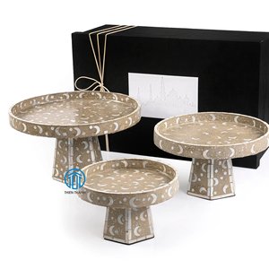 Best Selling 2024 Set of 3 Mother of Pearl Stands With Ramadan <b>Box</b> MOP Chocolate Display Tray Mubarak Decorative Tray - Product Image 2