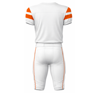 ชุดยูนิฟอร์มอเมริกันฟุตบอลสีขาวล้วนระดับเอลีท: เสื้อแข่งสำหรับทีมมืออาชีพ พร้อมแถบสีส้มโดดเด่นที่แขนเสื้อ และกางเกงบุฟองน้ำ - Product Image 2