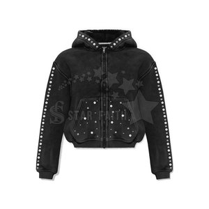 Premium Mujeres Acid Wash Rhinestone Sudadera con capucha Transpirable Mezcla de algodón Moda Pullover Sparkly Streetwear - Product Image 4