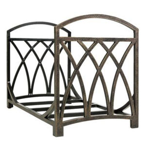 Art Deco Firewood Rack Indoor <b>Log</b> Holder Wrought Iron <b>Basket</b> Antique Bronze Finish Curved Lattice Sides Heavy Duty Sturdy Base - Product Image 1