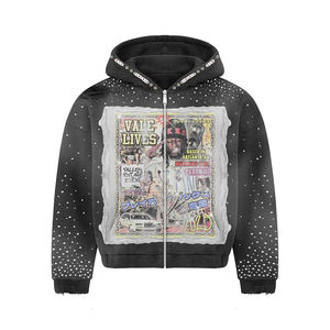 Sweat à capuche personnalisé en coton épais délavé à l'acide Streetwear surdimensionné pour hommes avec patchs brodés et motif strass - Product Image 1