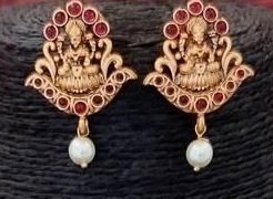 Elegant Matte Gold Plated Mangalsutra with Pearl and Temple Design Pendant and Matching Earrings Traditional <b>Indian</b> Wedding - Product Image 3