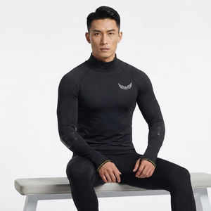 Camiseta de Compresión de Manga Larga con Cuello Alto para Hombre, Negra, Absorbente de Humedad, Transpirable, Ajustada, Deportiva, de Poliéster y Elastano - Product Image 4