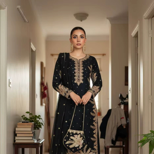 Designer Faux Georgette Séquence Broderie Avec Perle Moti Travail À La Main Top Et Jumelé Avec Palazzo Avec Net Séquence Travail Dupatta - Product Image 1