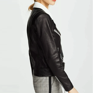 เสื้อแจ็กเก็ตมอเตอร์ไซค์ของผู้หญิงเสื้อโค้ทสไตล์นักขี่จักรยานหนังแท้100% สีดำและสีขาว - Product Image 3