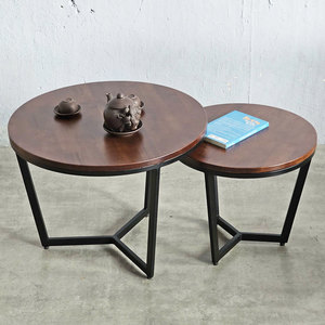 Industrial Style Double Round Rubber Wood Sofa <b>Table</b> with Iron Frame-<b>Office</b> Furniture TT68215 - Product Image 3