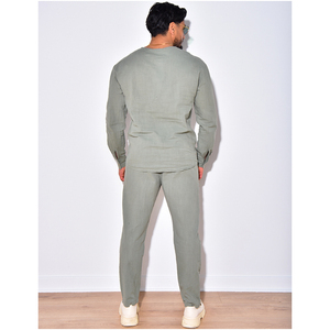 Conjuntos de 2 piezas de camisas y pantalones de manga larga para hombre, transpirable, cómodo, suave, 100% tela de algodón, chándales de verano para hombre - Product Image 3