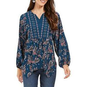 Top da Donna Style & Co in Chiffon Verde Stile Contadino con Orlo a Fazzoletto Stampato, Taglia Media per Primavera/Estate - Product Image 1