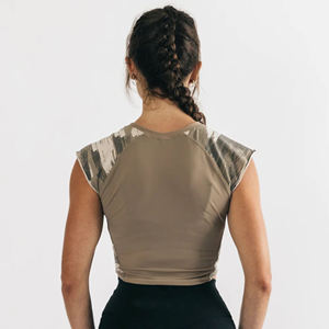 Manches cape ajustées en 95% coton 5% Spandex pour femmes, encolure ras du cou en forme de Raglan, en toile bronzée, camouflage, ourlet court, t-shir - Product Image 4