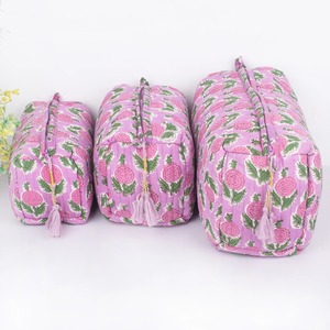 Eco-Friendly Large Quilted Wash Bag Indian Handmade Floral Print Cosmetic Organizer Zipper Vintage Style Travel Bag Vanity Case - Product Image 1