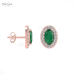 Handmade 14k Solid Gold Diamond Halo <b>Studs</b> 5x3mm Oval Cut <b>Emerald</b> Gemstone Bridal <b>Studs</b> May Birthstone Jewelry - Product Image 2