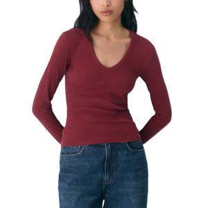 Camiseta ajustada de manga larga con cuello en V profundo para mujer de alta calidad, tela de punto de costilla suave de algodón, Color sólido hecho en Bangladesh - Product Image 1