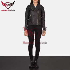 Womens Real Black Leather Biker <b>Jacket</b> Asymmetric Zip Lapel Collar Quilted Sleeve Sheepskin Coat Zip Pockets Slim Outwear New - Product Image 2