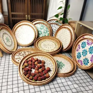 Rattan tray inlaid with a shell, a round tray 2 set of the seaweed pattern, handmade wicker tray Wholesale in Vietnam