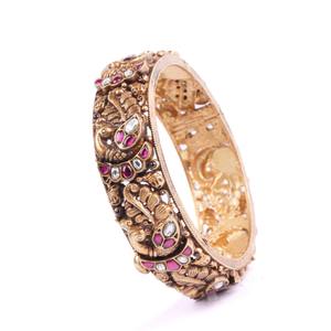 Divine Looking Gajaah 925 Sterling <b>Silver</b> Mayur Kundan Temple <b>Bangle</b> Single For <b>Women</b> Engagement Bridal Jewellery - Product Image 1