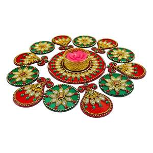 Petit Rangoli Acrylique avec T Light Holder Décorations en Pierre Bijou Artisanat Multicolore (Rouge) - Product Image 1