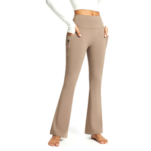 Pantalon évasé uni pour femme, été, taille haute élastique, cordon de serrage, poche, pantalon de sport ample et droit avec poches latérales - Product Image 1