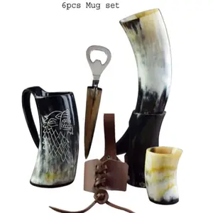 Viking Ox Hoorn Mugshot Glas En Flesopener (6 Stuks Set) Authentieke Mede En Bier Tankard Vintage Stein Met Handvat Met Tas