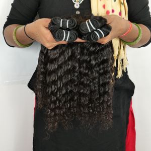 Extensiones de cabello humano indio de templo sin procesar alineado con cutícula, mechones de cabello virgen rizado de Color negro Natural 100% - Product Image 3