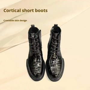 Bottines classiques en cuir de crocodile noir pour hommes, polyvalentes, à lacets, avec fermeture éclair latérale, bottes décontractées - Product Image 5