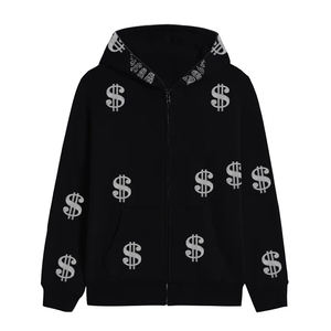 Custom Made Rhinestone Hoodie Streetwear Full Face Zip up Dollar Style Cotton Fleece Sudaderas con capucha de los hombres - Product Image 2