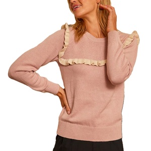 <b>Women's</b> Casual Winter Crew Neck <b>Knitted</b> Pullover <b>Sweater</b> <b>Cable</b> Body Gored Stitches Yoke with Ruffles - Product Image 4