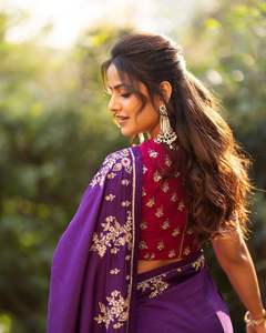 Indian Boutique High Quality Heavy Chinon <b>fabric</b> <b>Purple</b> Saree with Stylish Fancy Blouse Party Wedding Festival Wear Women Girls - Product Image 4