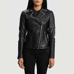 Real Leather Sheepskin Aniline Zipper Sally Mae Studded Black Women Biker Jacket with Quilted Viscose Lining and Inside Outside