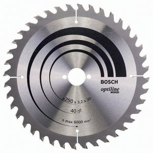 Lame de scie circulaire Optiline à pointe en carbure pour le bois, le bambou et les travaux manuels, 40 dents, alésage 30 mm, tranchée 3,2 mm, diamètre extérieur 250 mm, Bosch - Product Image 1