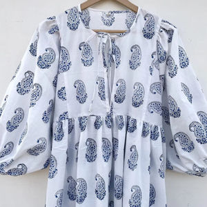 Robe maxi imprimée à la main pour l'été, en coton floral, faite à la main, durable pour l'automne - Product Image 1